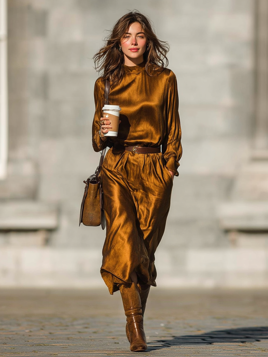 Women's Loose Satin Half-Turtleneck Elastic Waist Belt Long Sleeve Midi Dress MDA1631I9Y