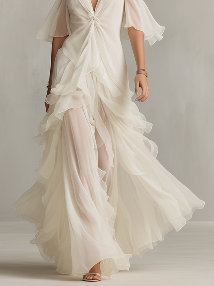 Women's Ivory Chiffon Dress With Twisted Bodice & Cold-Shoulder Sleeves, Timeless Romantic-Elegant Style Dress MDZ2783B3I