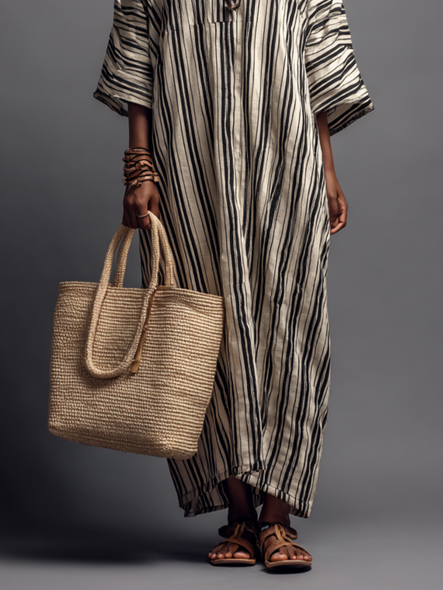 Women's Retro-style Beige And Black Striped Cotton-linen Loose-fitting Long Dress MDZ1284B2BA