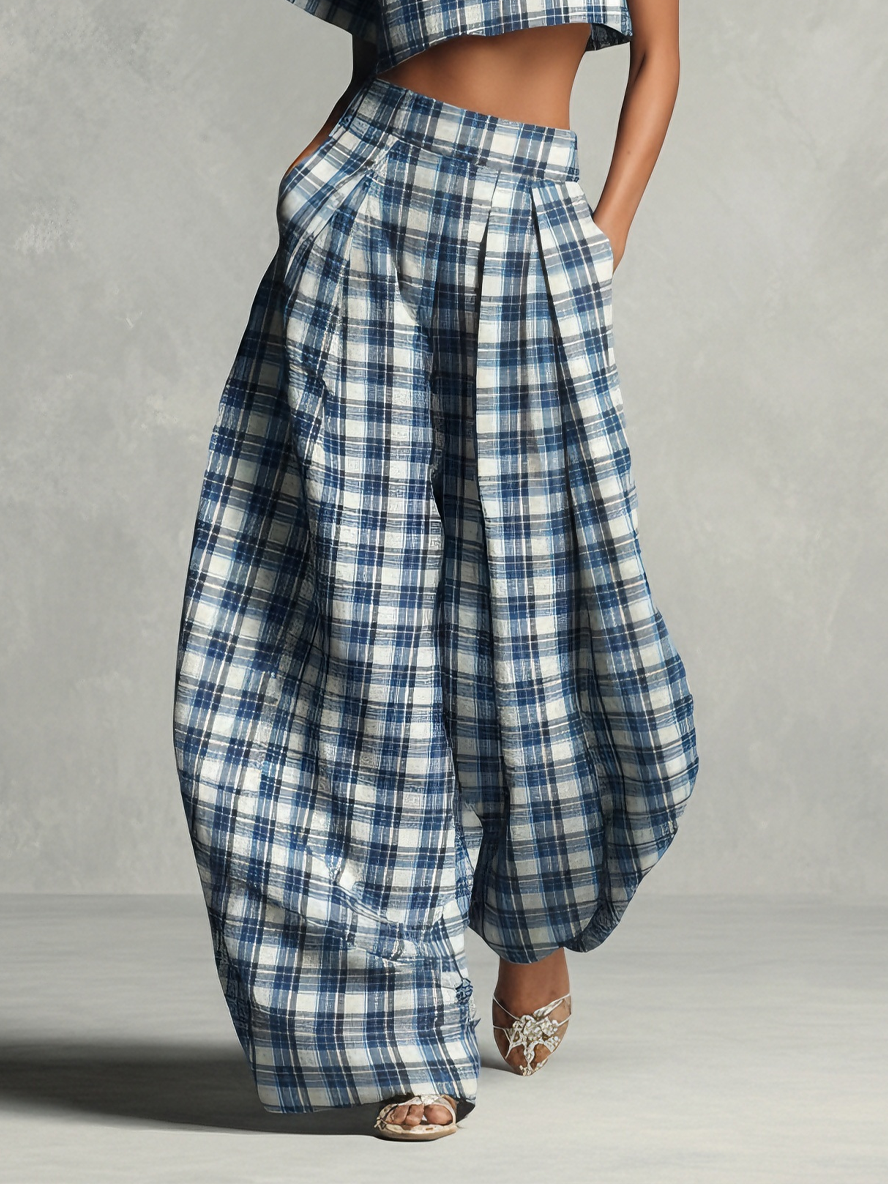 Women's Bold Cotton Blue & White Plaid Turtleneck Cropped Top & Lantern Wide-Leg Pants Set MDA2591L3AU