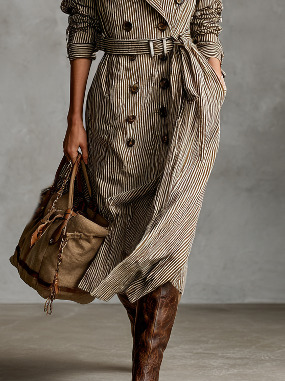Women's Fashion Striped Lapel Double Breasted Belt Trench Coat MDA2558H2Y