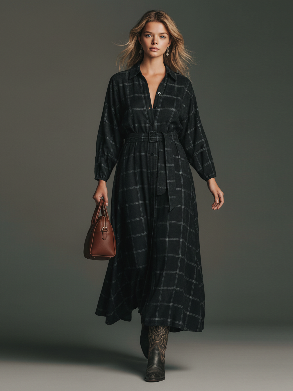 Women's Loose Faux Suede Plaid Long Sleeve Lapel Belted Midi Dress MDA2696I2Y
