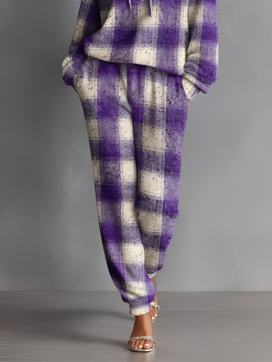 Women's Lavender Plaid Textured Woven Fashion Set With Drawstring Hood & Side Pockets, Edgy Everyday Style Set MDA2723K6I