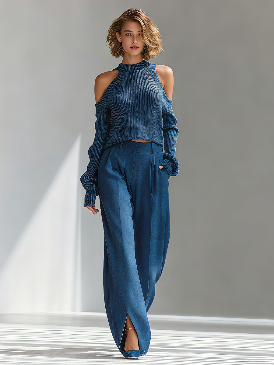 Women's Blue Elegant Ribbed Knit Cold - Shoulder Sweater And Wide - Leg Pants Set MDA1591I8I