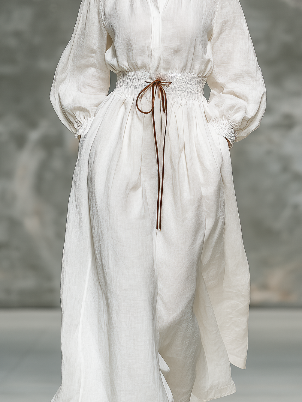 Women's Fashionable White Woven Round-neck Long-sleeved Maxi Dress With Elastic Waist MDZ0650A8AN