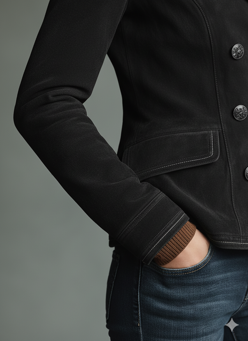 Women's Retro Double-Breasted Emblem Faux Suede Jacket MDA2864J4Y