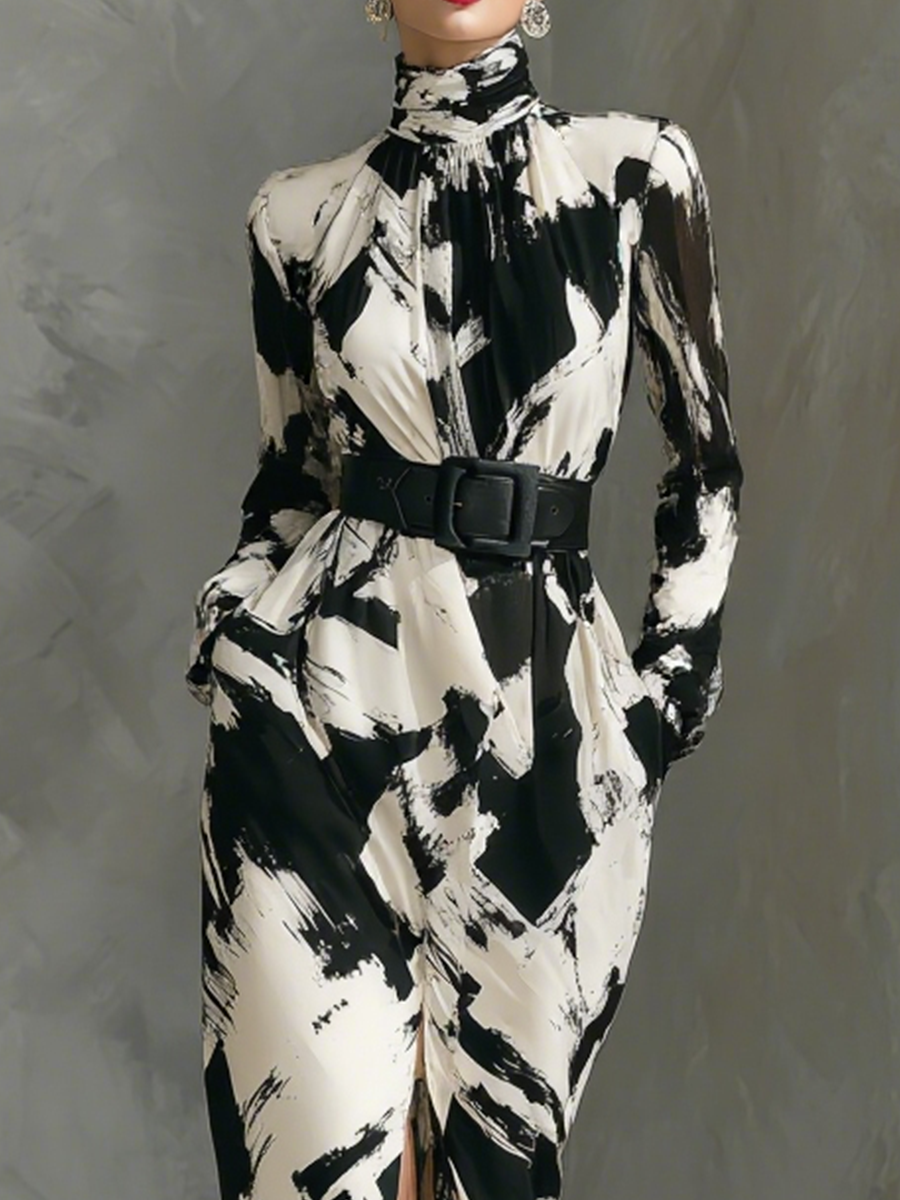 Women's Black and White Printed Chiffon Maxi Dress MDA2835G1T
