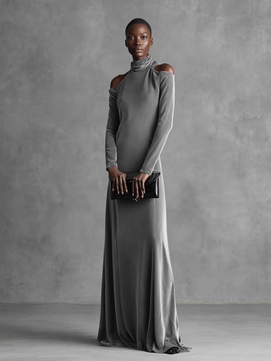 Women's Grey Velvet Elegant Cold-Shoulder Turtleneck Maxi Dress MDA3190J5I