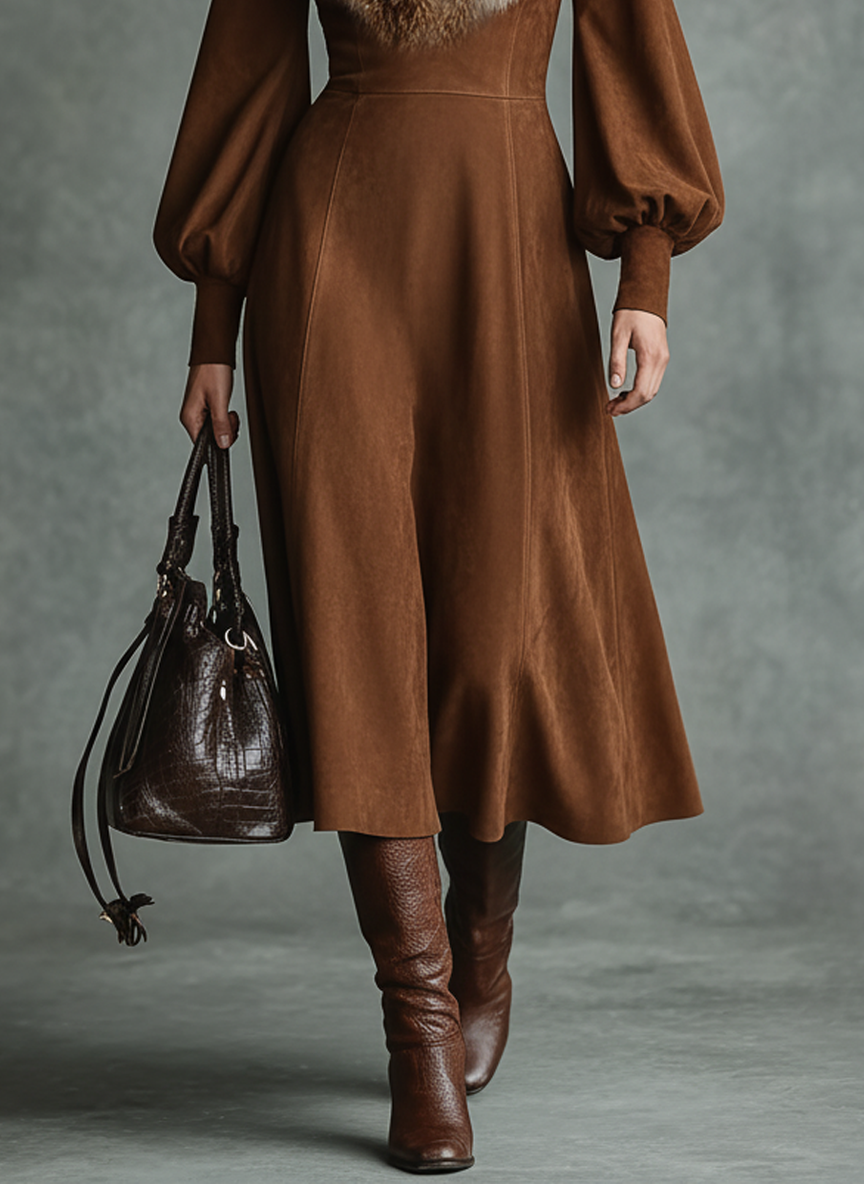 Women's Retro Detachable Fur Collar V-Neck Faux Suede Midi Dress MDA2821J3Y