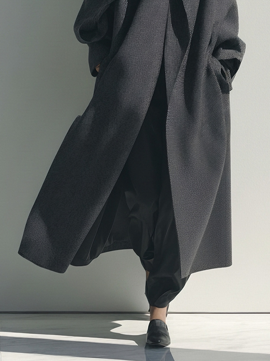 Women's Avant-Garde Wool-Blend Charcoal Gray Wrap-Collar Structured Pleated Maxi Coat MDA1573L0AU