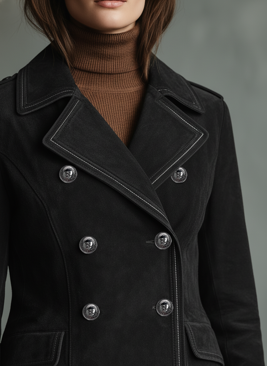 Women's Retro Double-Breasted Emblem Faux Suede Jacket MDA2864J4Y