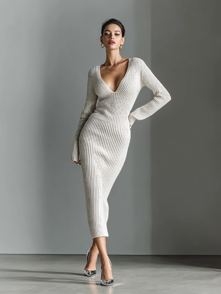 Women's White Elegant Rib - Knit Deep V - Neck Maxi Dress MDA1406H9I