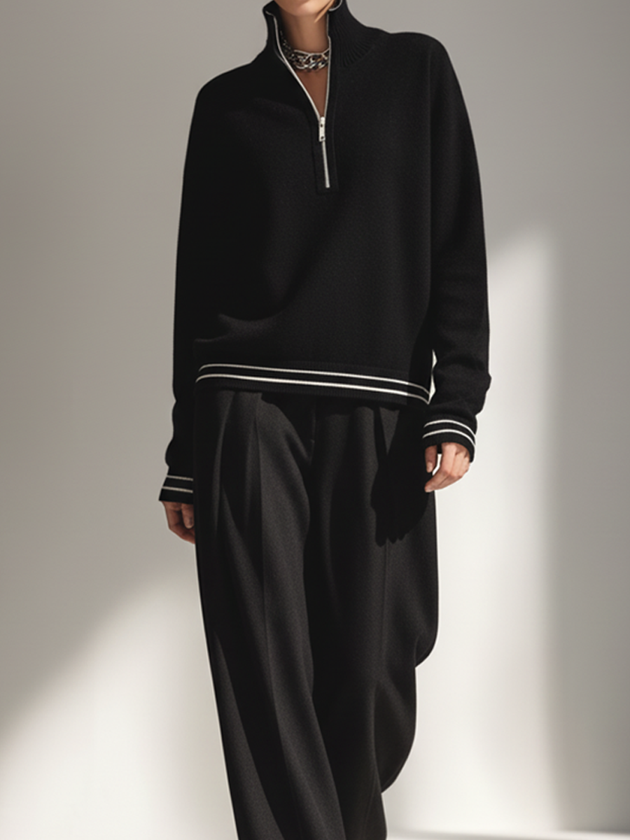 Women's Black Half-Zip Top And Wide-Leg Pants Set MDA1594L6AP