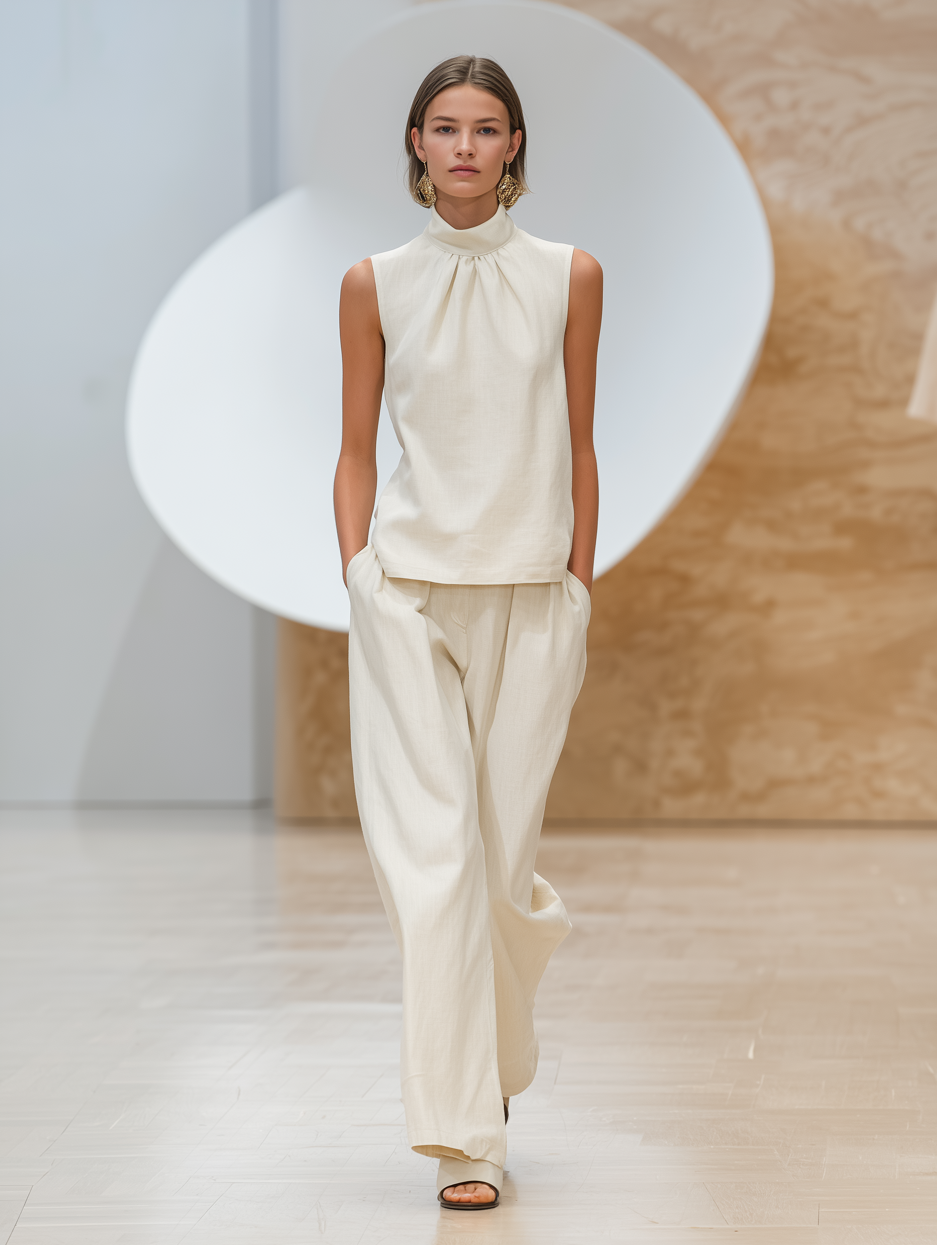 Women's Elegant White Cotton-linen Blend High-neck Sleeveless Top And Trousers Set MDZ0927A9AN