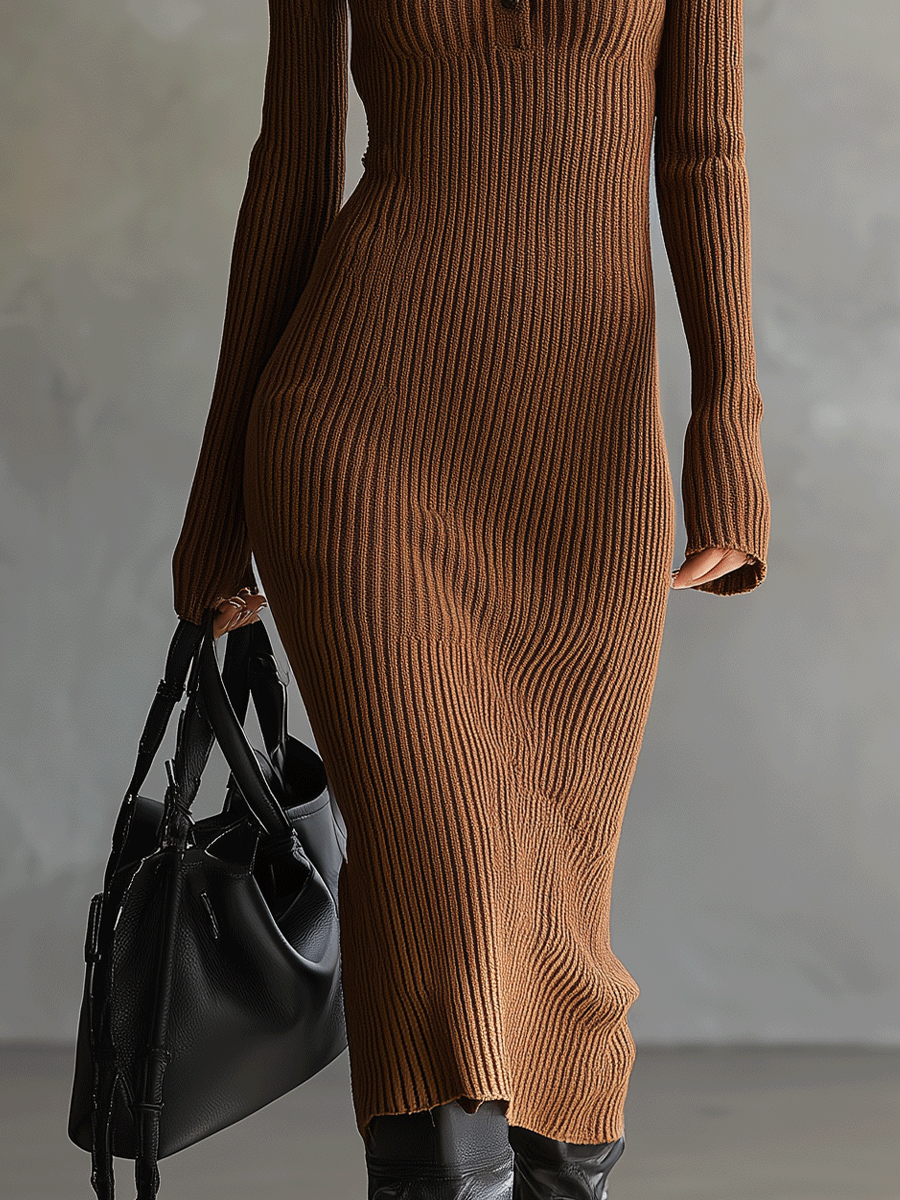 Women's Elegant Ribbed - Knit Square - Neck Button Detail Maxi Dress MDA0296H2I