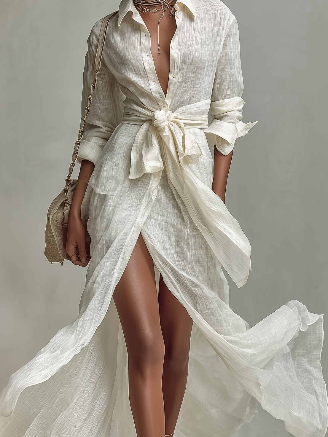 Women's Elegant White Cotton-linen Blend Long-sleeved Shirt Dress MDA0833L5AN