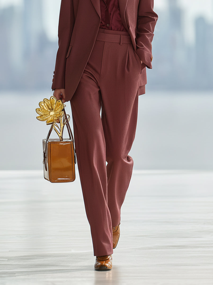 Women's Burgundy Structured Fabric Sophisticated Pinstripe Blazer & Pant Set MDA0533K9I