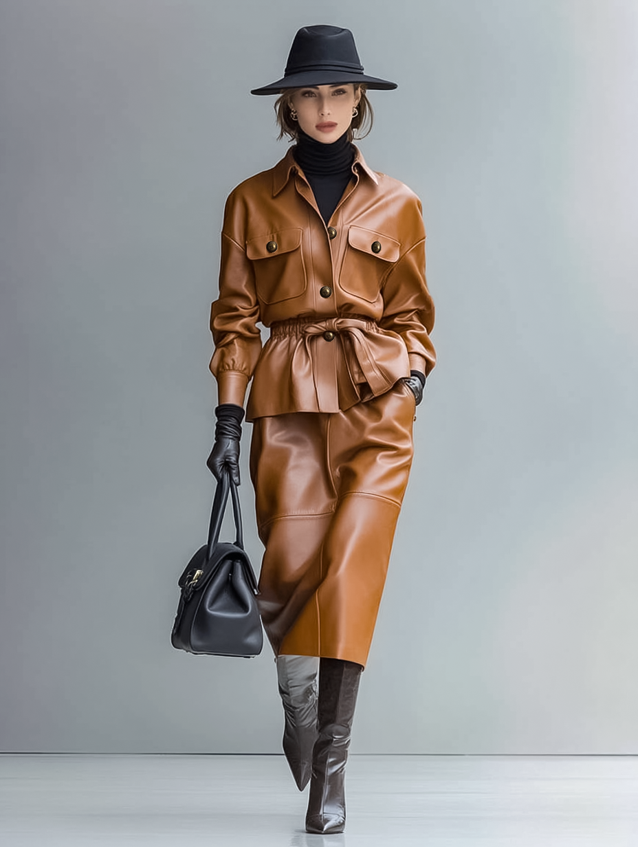 Women's Minimalist PU Leather Drawstring Waist Jacket One-Step Skirt Set MDA0539I8Y