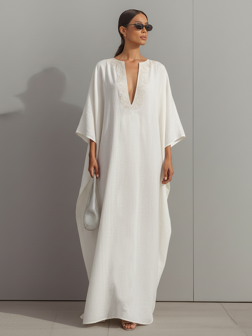 Women's Minimalist Loose-fitting Linen Blend Maxi Dress With Embroidered Neckline MDZ0546A6Y