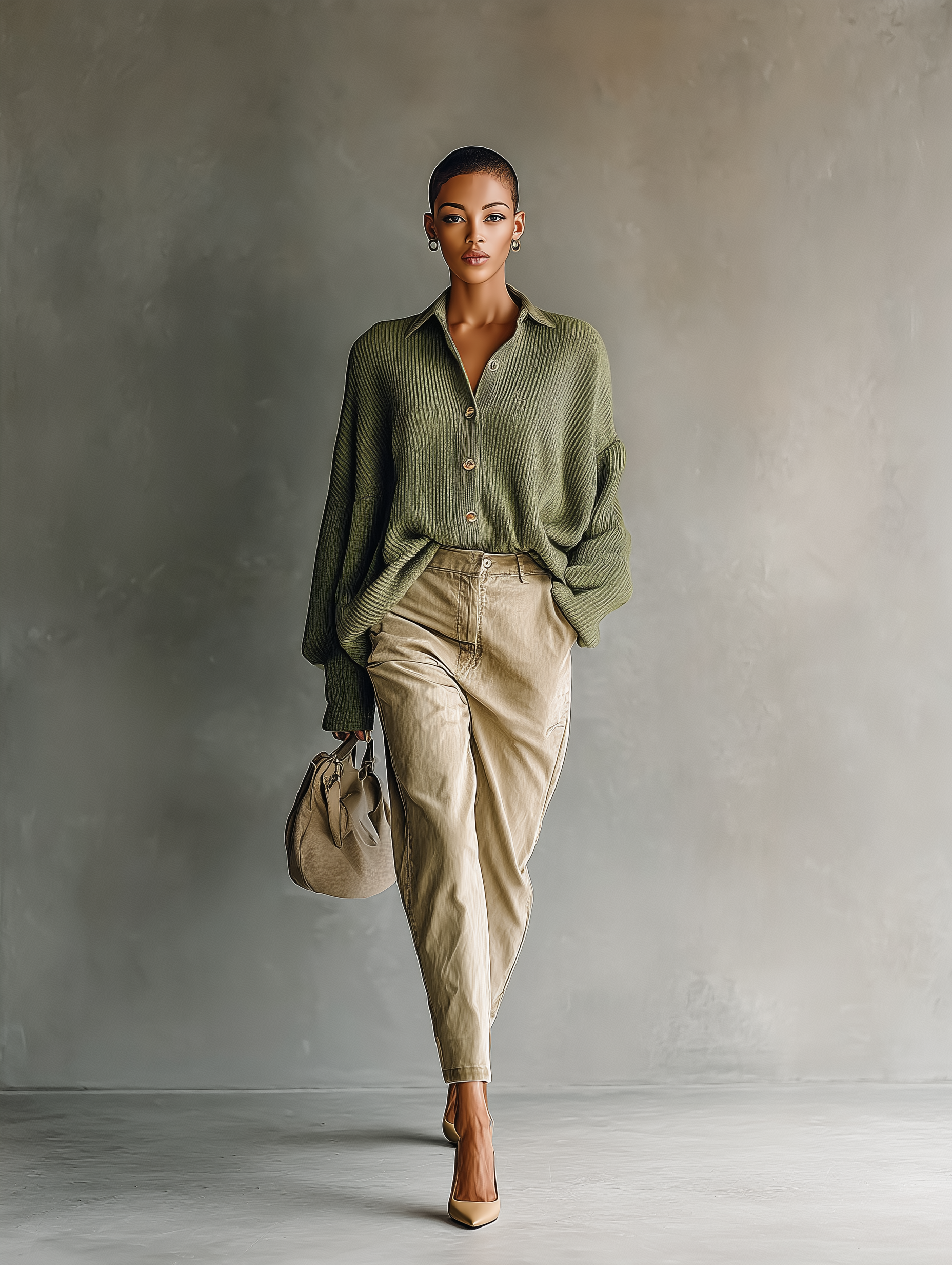 Women's Green Lapel Knitted Cardigan MDA0249I2T