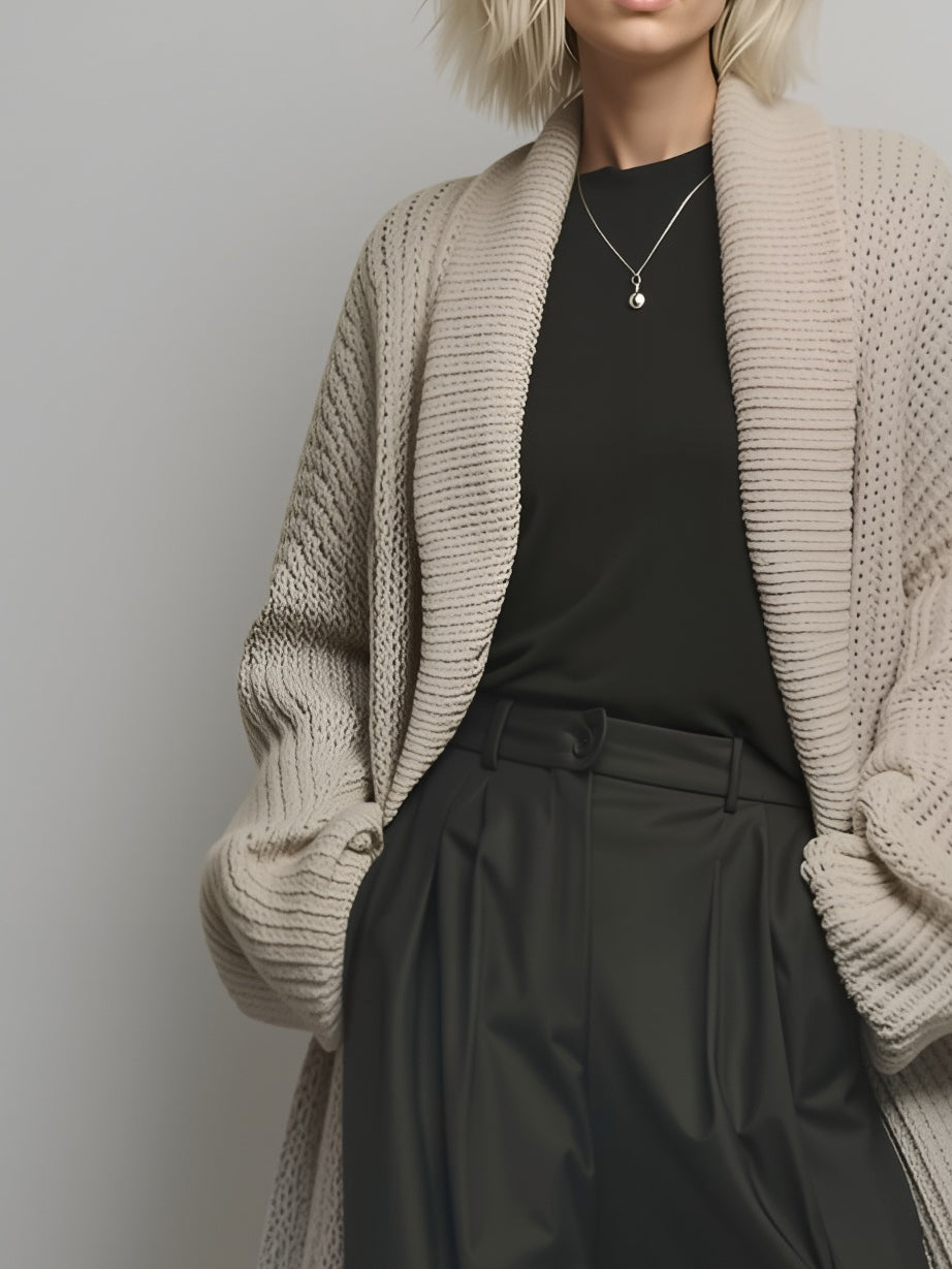 Women's Casual And Comfortable Beige-grey Mid-length Knit Cardigan Paired With Black Straight-leg Wide-leg Suit Pants MDA0764K3AN