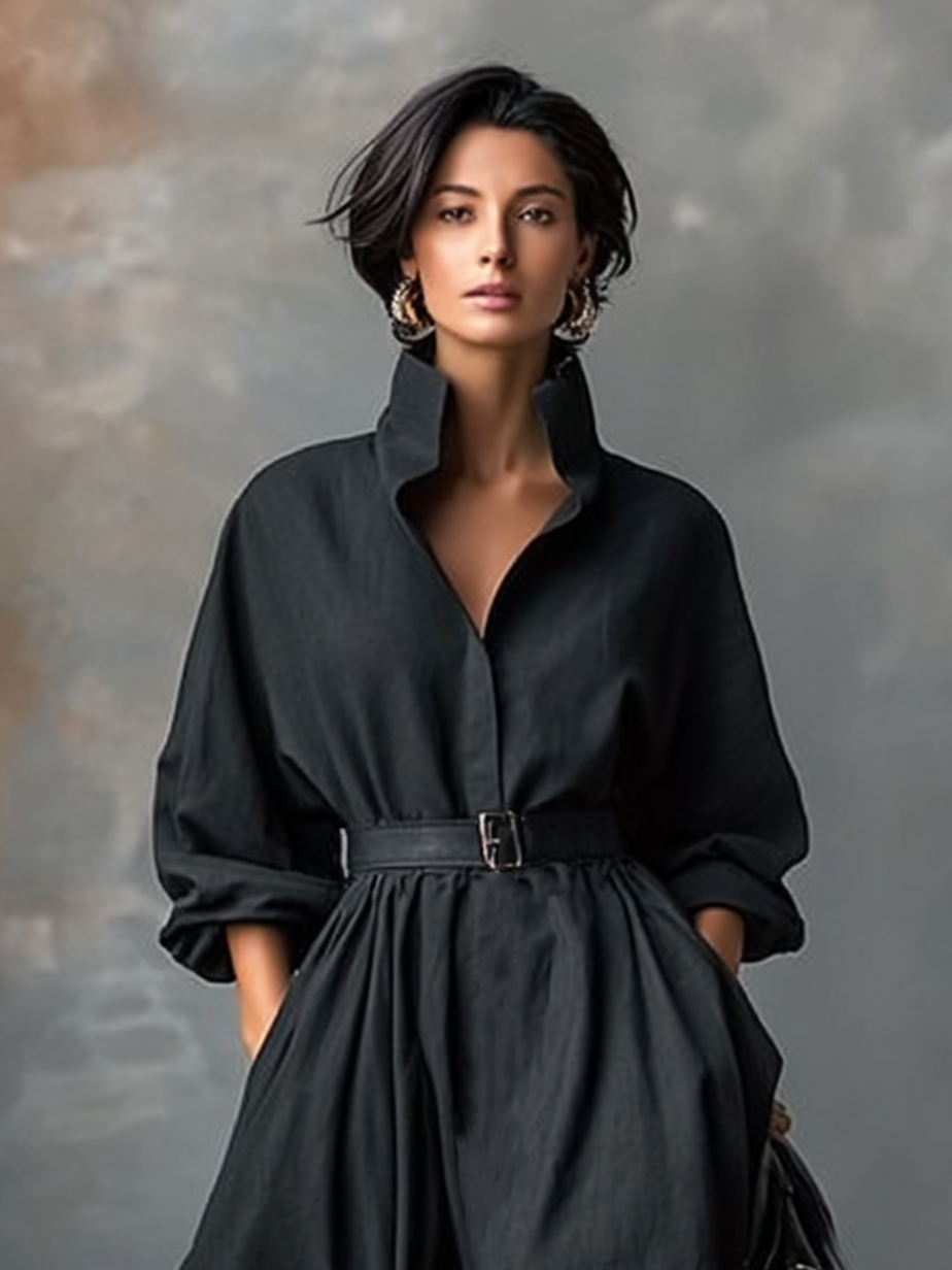 Women's Stand Collar Belt Maxi Dress MDA2102J8Y