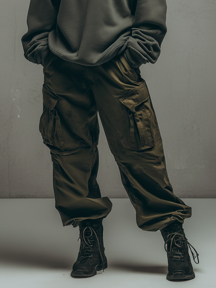 Women's Military Green Cotton Loose-fitting Crewneck Sweatshirt And Olive Green Cargo Pants Set MDA1704L6T