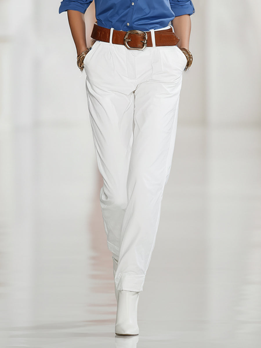 Women's Cobalt Blue & White Cotton-Blend Co-Ord Set With Button-Up Shirt & Wide-Leg Trousers, Timeless Classic Style Set (without belt) MDA0317K0I