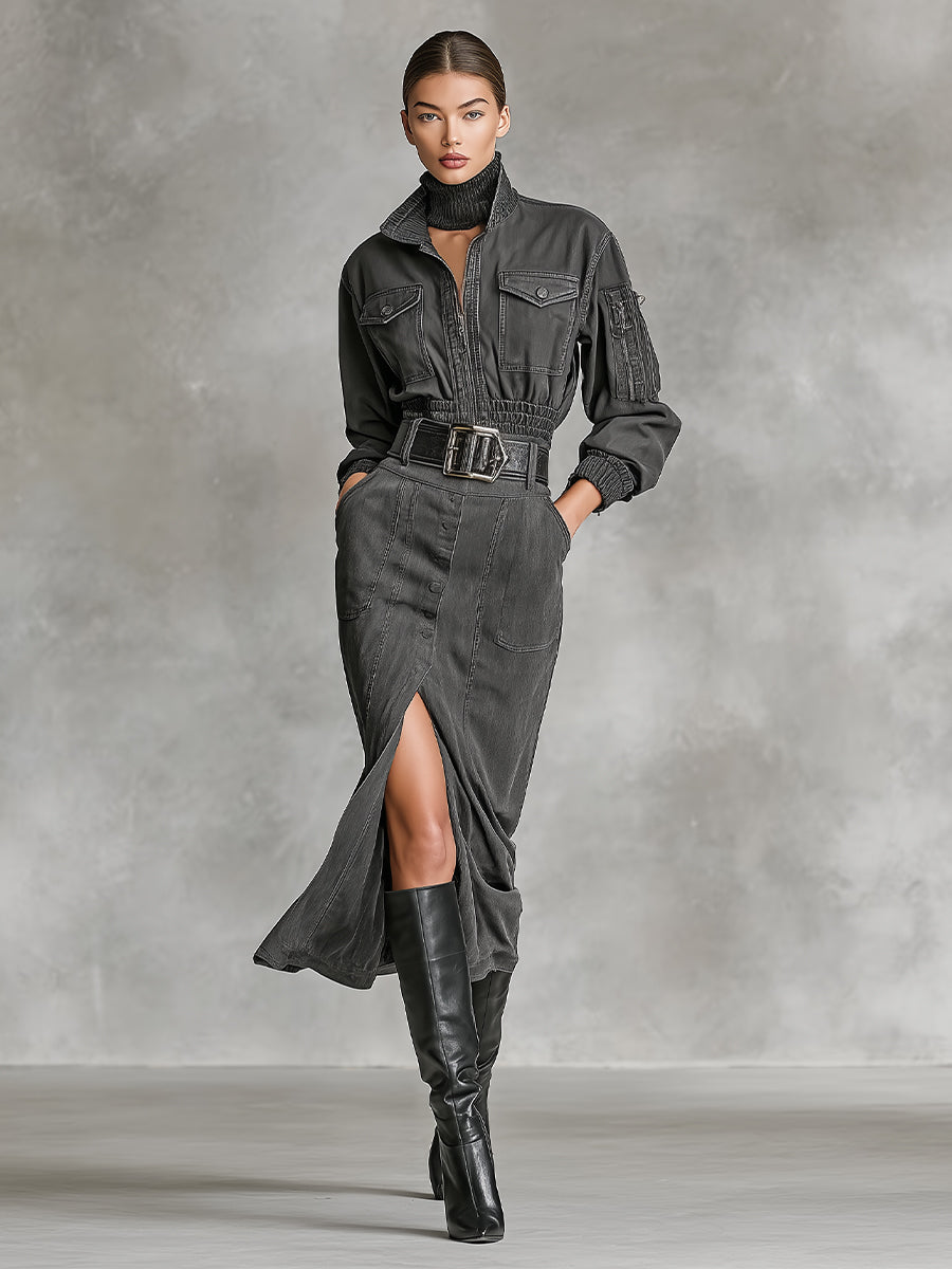 Women's Charcoal Gray Avant-Garde Cotton Blend Front Zipper With Belted Slit Midi Dress MDA1690I4I