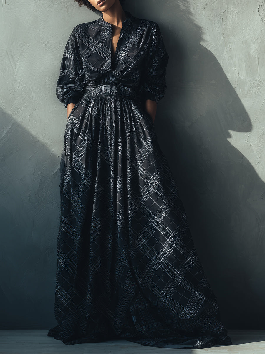 Women's Black - White Chic Linen Blend Plaid High - Neck Belted Maxi Dress MDA2025J6I