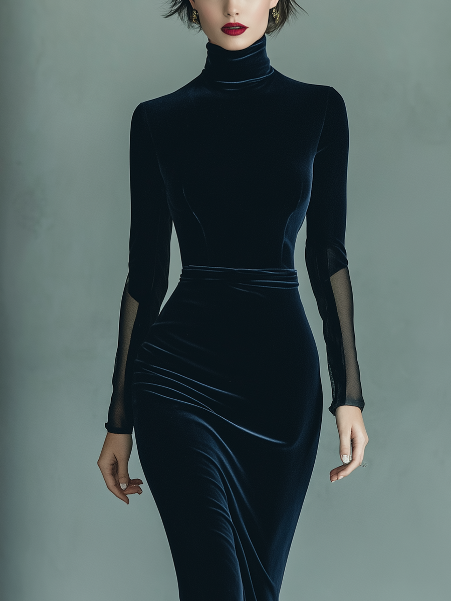 Women's Navy Blue Velvet Fabric Turtleneck Sheer-Sleeve Mermaid Maxi Dress MDA1227L3T