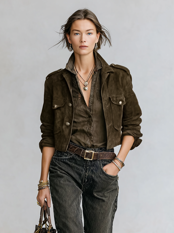 Women's Vintage Faux Suede Epaulette Cropped Jacket MDA2893I4Y