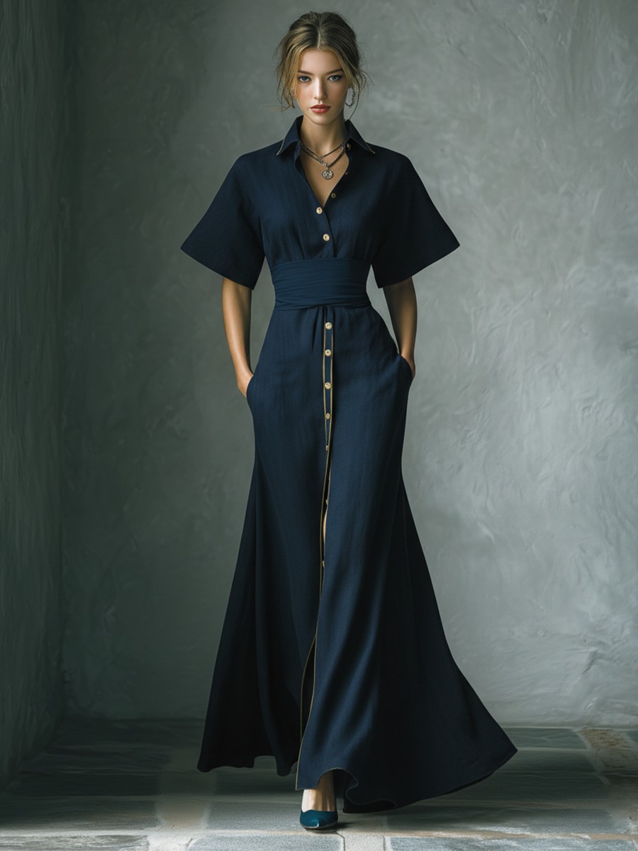 Women's Navy Blue Maxi Shirt Dress With Contrast Gold Trim & Wide Waist Belt MDZ2671B3T
