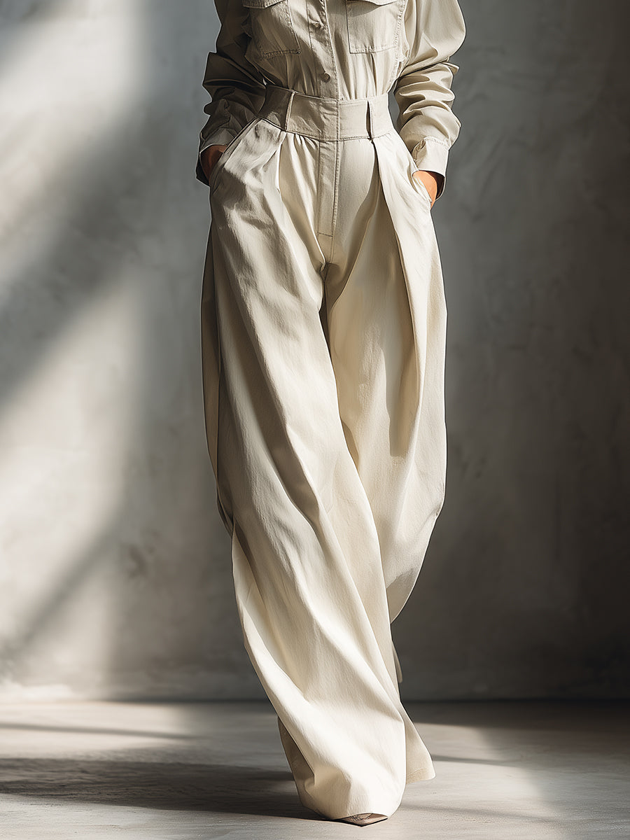 Women's Beige Elegant Cotton Blend Button - Front Wide - Leg Jumpsuit MDA2000H6I