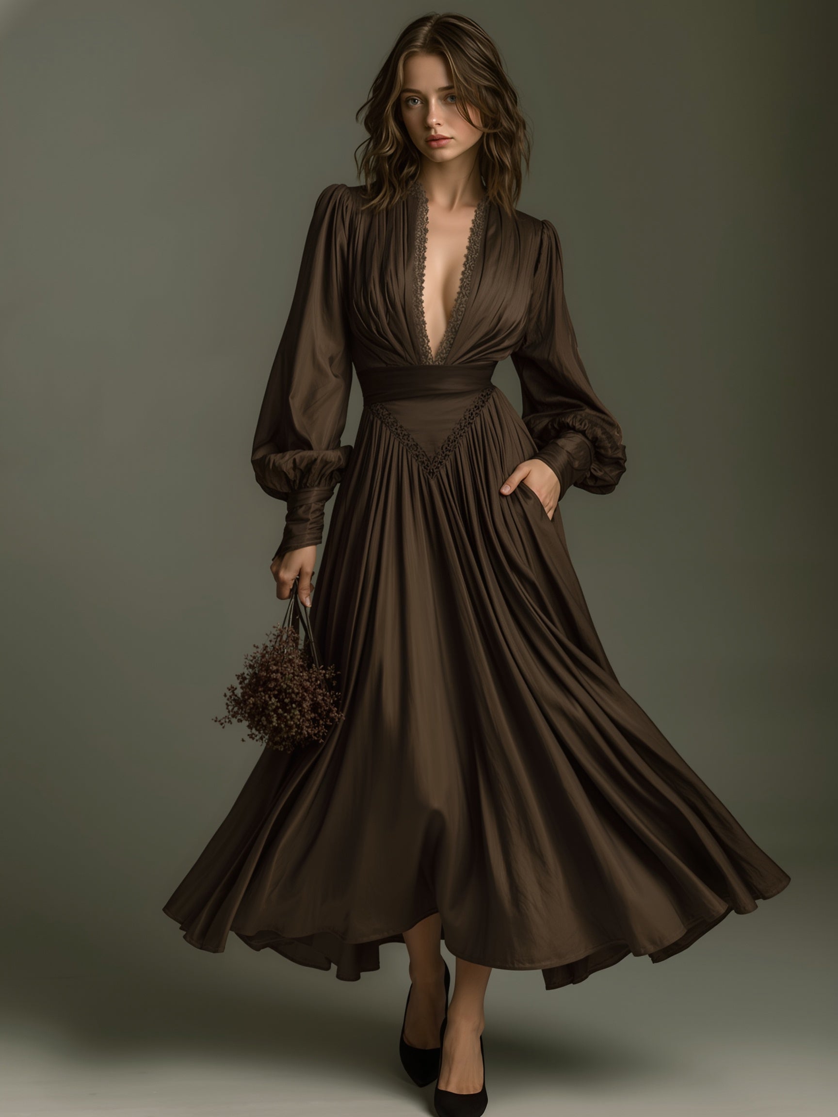 Women's Fashionable And Elegant Dark Brown Long-sleeved Lace Neckline Fitted Waist Dress MDA2542K7AN
