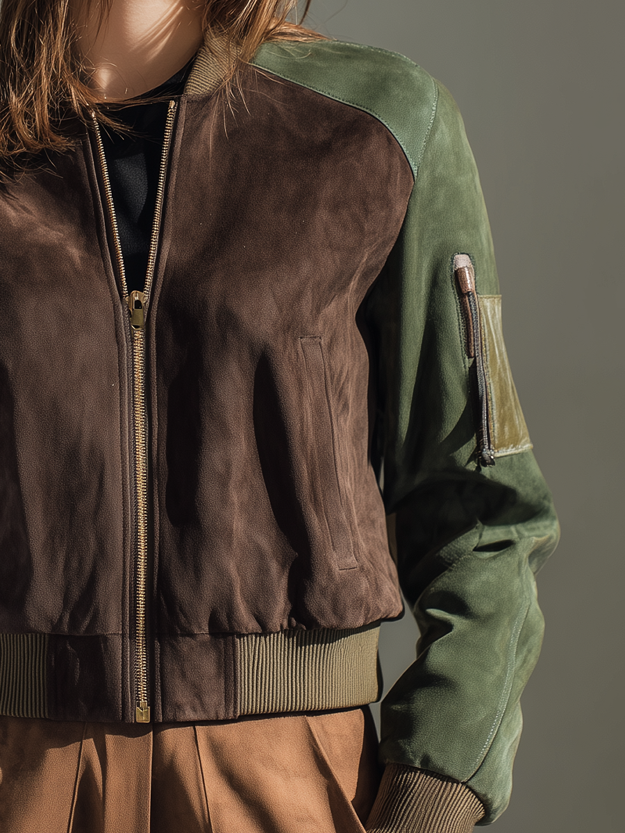 Women's Brown And Green Color-blocked Faux Suede Zip-up Bomber Jacket MDA0778K7T
