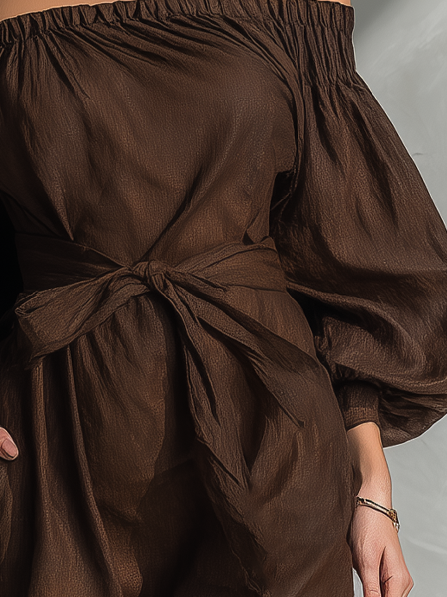Women's Brown Linen Fabric Off-Shoulder Puff-Sleeve Belted Mini Dress MDA2219L6T
