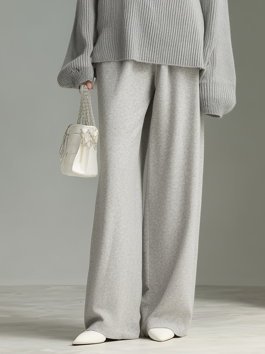 Women's Gray Ribbed Knit Off-the-shoulder Loose Top And Air-layer Wide-leg Pants Set(Excluding scarf) MDA0501L5T