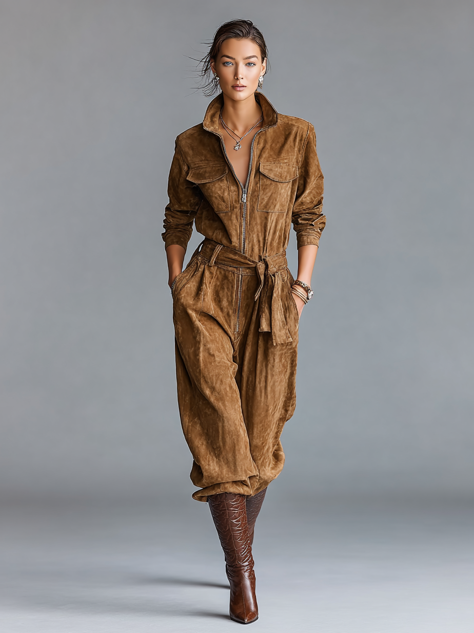 Women's Retro Eco-Friendly Faux Suede Lapel Zippered Jumpsuit MDA3070G6Y