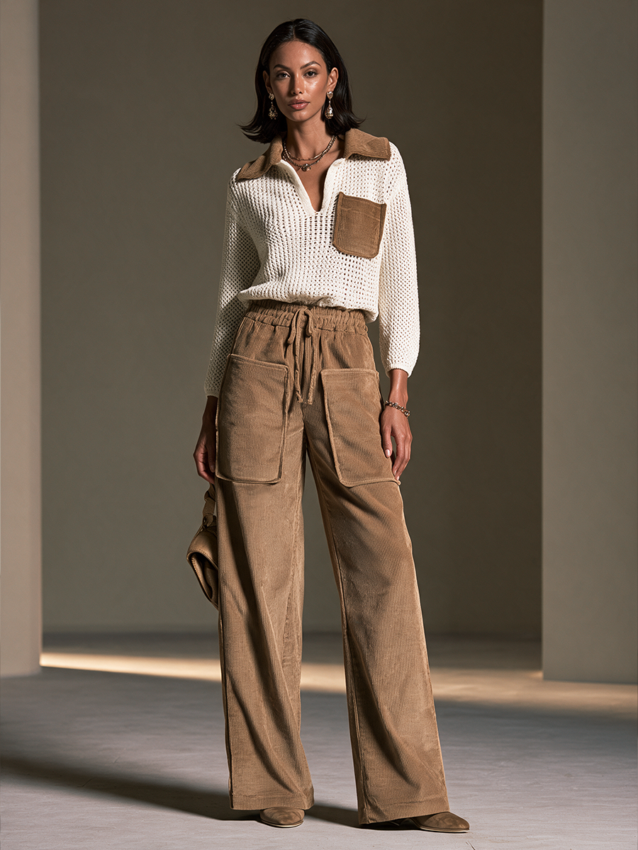 Women's Crochet Panel Casual Knit Wide-Leg Pants Set MDZ0139I3GMJ