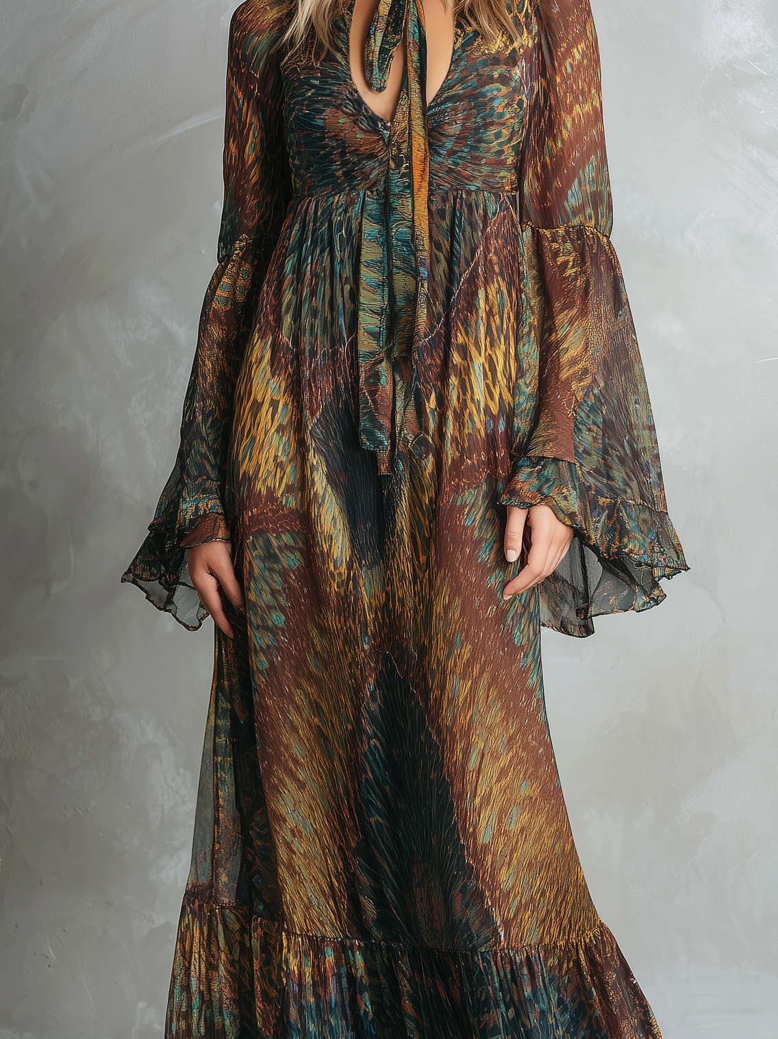 Women's Elegant And Romantic Printed Chiffon V-neck Long-sleeved Loose-fitting Maxi Dress MDZ2648B7AN