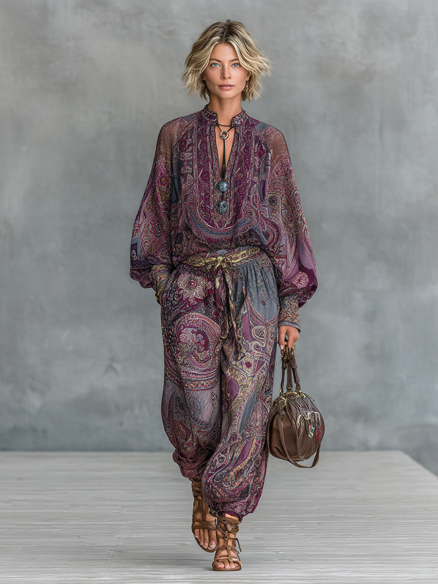 Women's Paisley Print Stand Collar Long Sleeve Blouse Loose Blossom Trousers Two-piece Set MDA2424G6Y