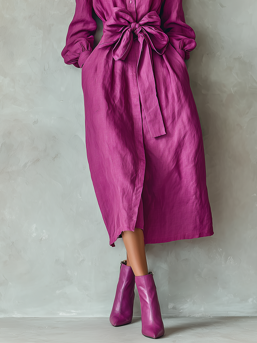 Women's Rose Red Linen Blend Bow-Knot Waist-Defining Stand Collar Midi Dress MDA0128L7T