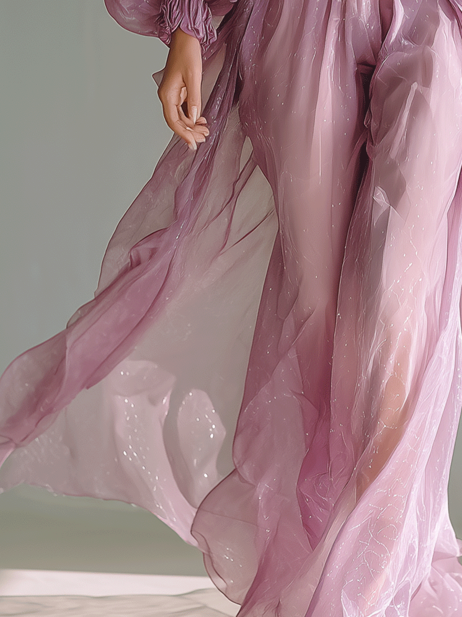 Women's Romantic Lavender Chiffon Jumpsuit With Voluminous Sleeves, Elegant Draping, And Flowy Hem MDA2804G7I