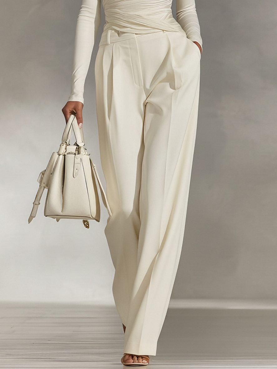 Women's Sleek Milk Silk & Cotton-Blend Ivory Turtleneck Asymmetrical Ruched Top & Wide-Leg Pants Set MDA1749L8AU