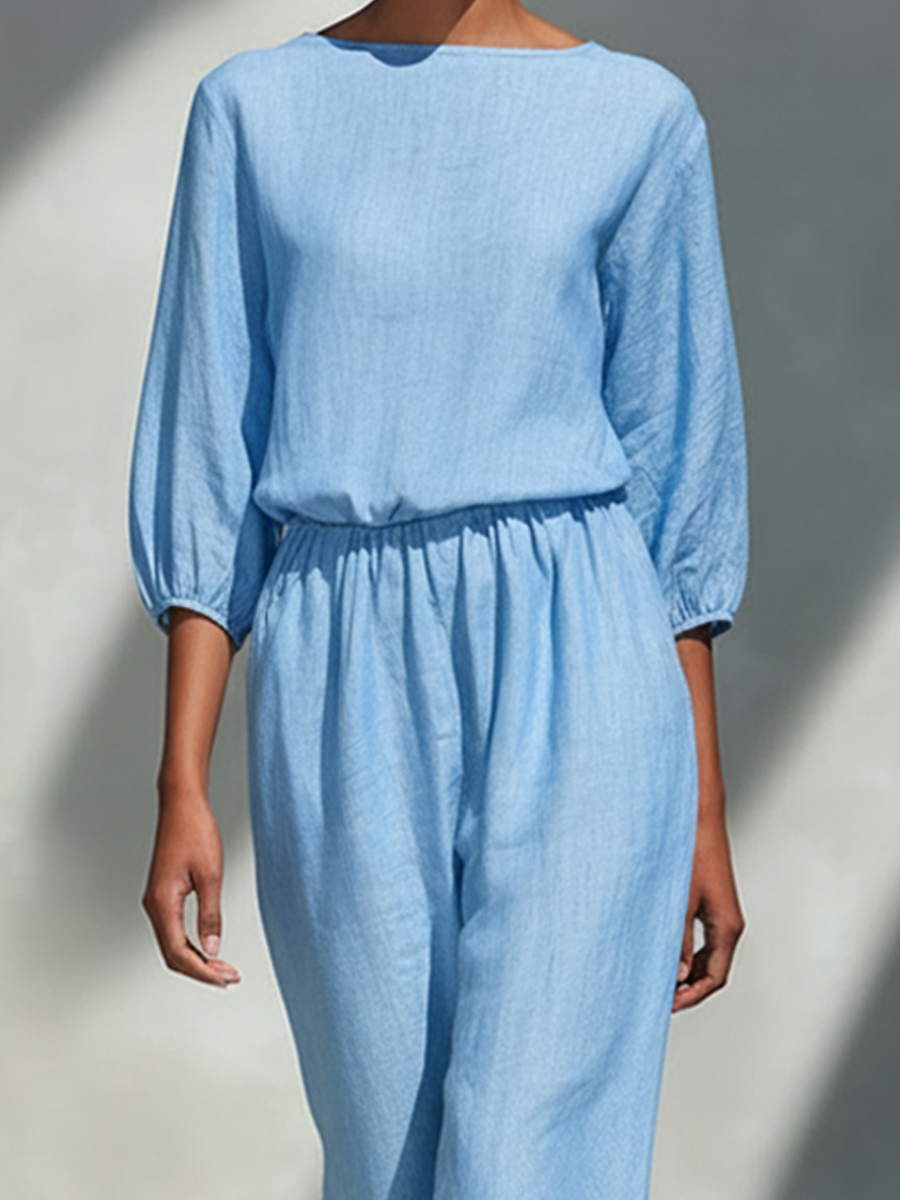 Women's Light Blue Boat Neck Three-Quarter Sleeve Top And Skirt Set MDA2018L1AP