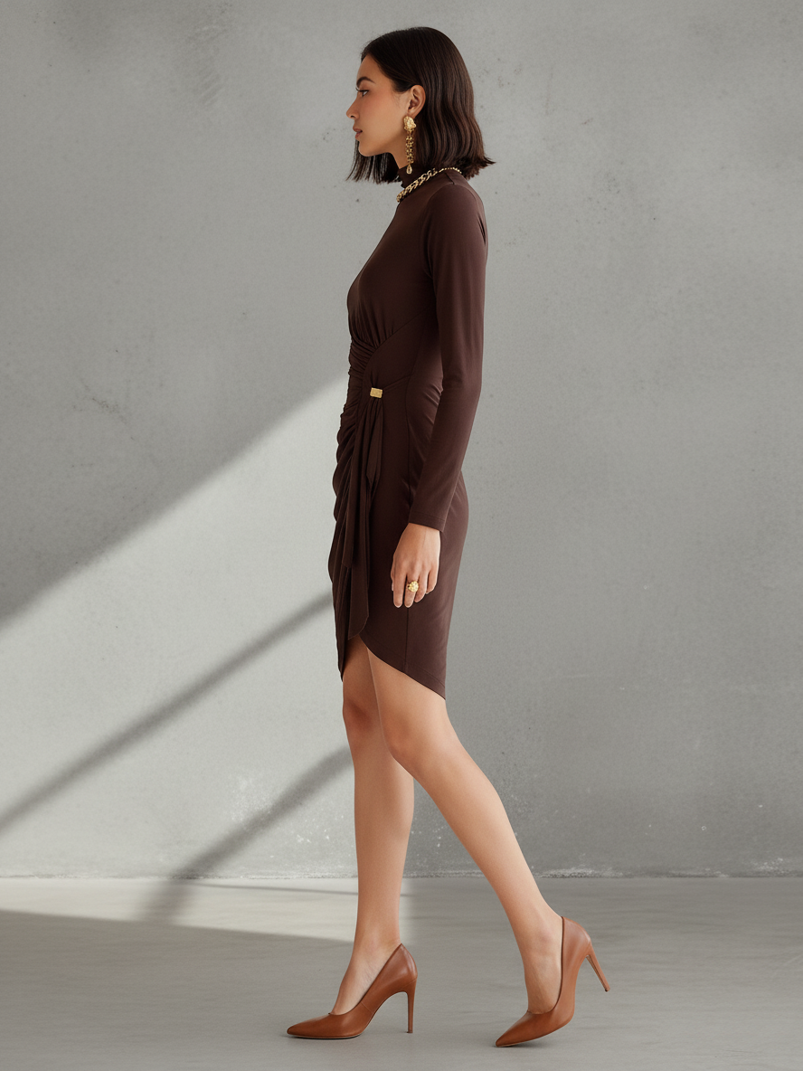 Women's Sleek Stretch Woven Chocolate Brown Turtleneck Ruched Twist Mini Dress MDA1581L8AU