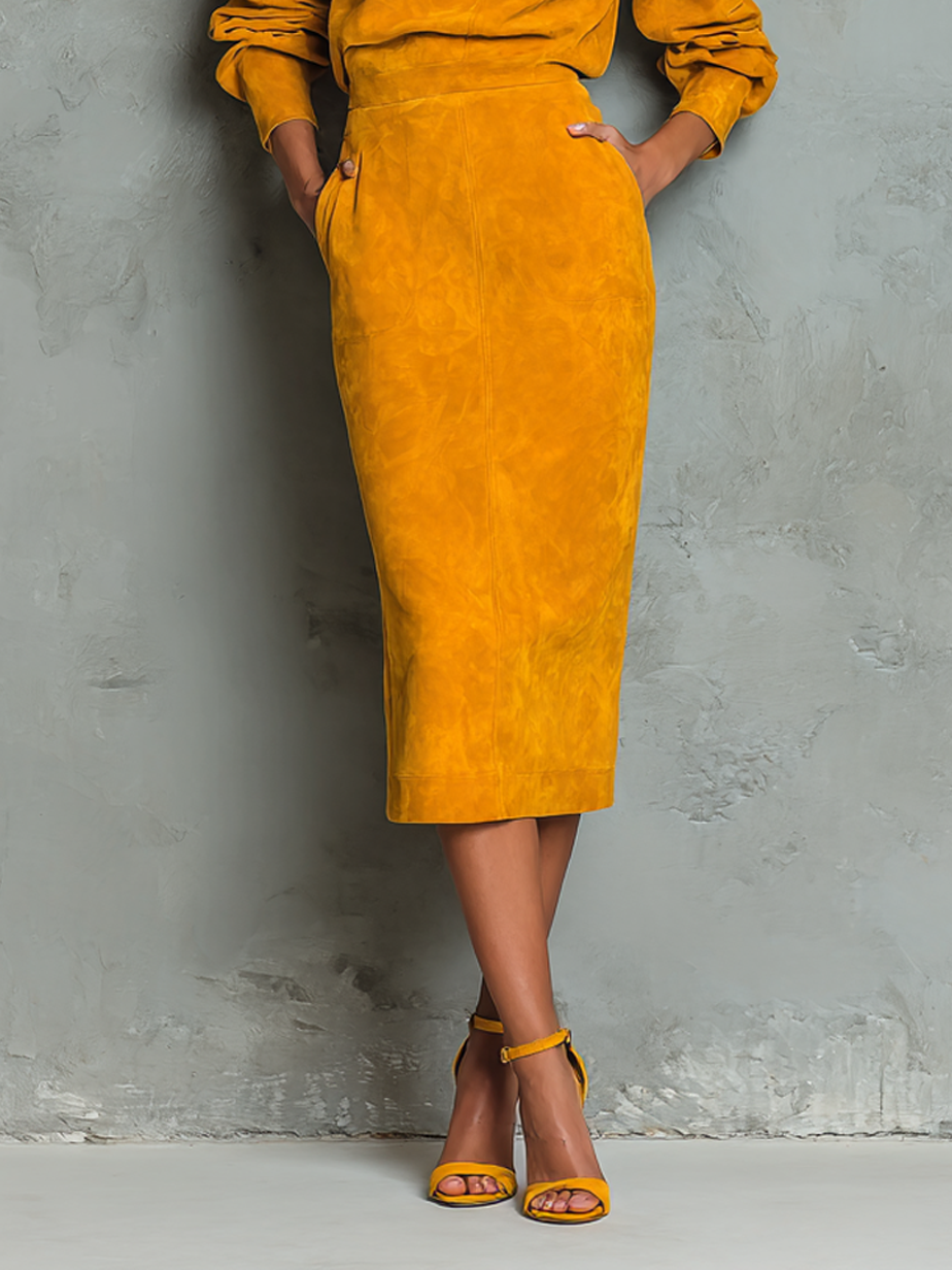 Women's Minimalist Faux Suede Blouse And Pencil Skirt Set MDA2902K5Y