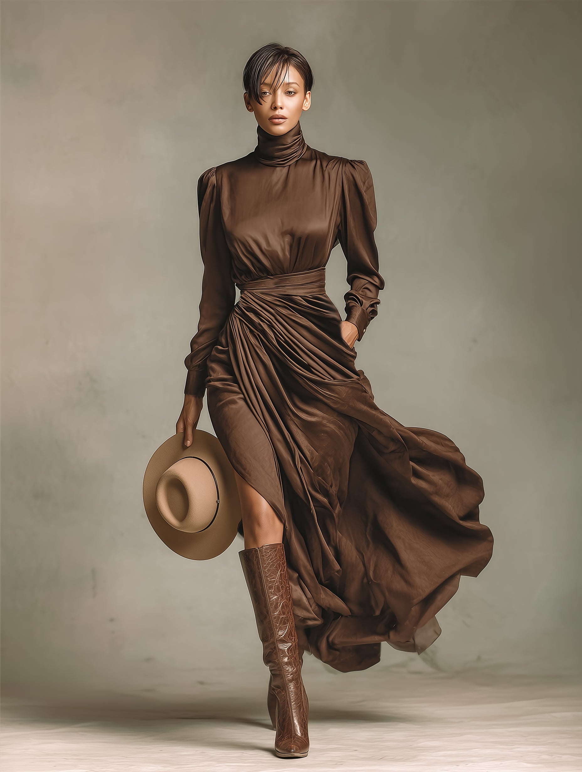 Women's Fashionable And Elegant Brown Glossy Satin Long-sleeved Fitted Waist Dress MDA2405K0AN