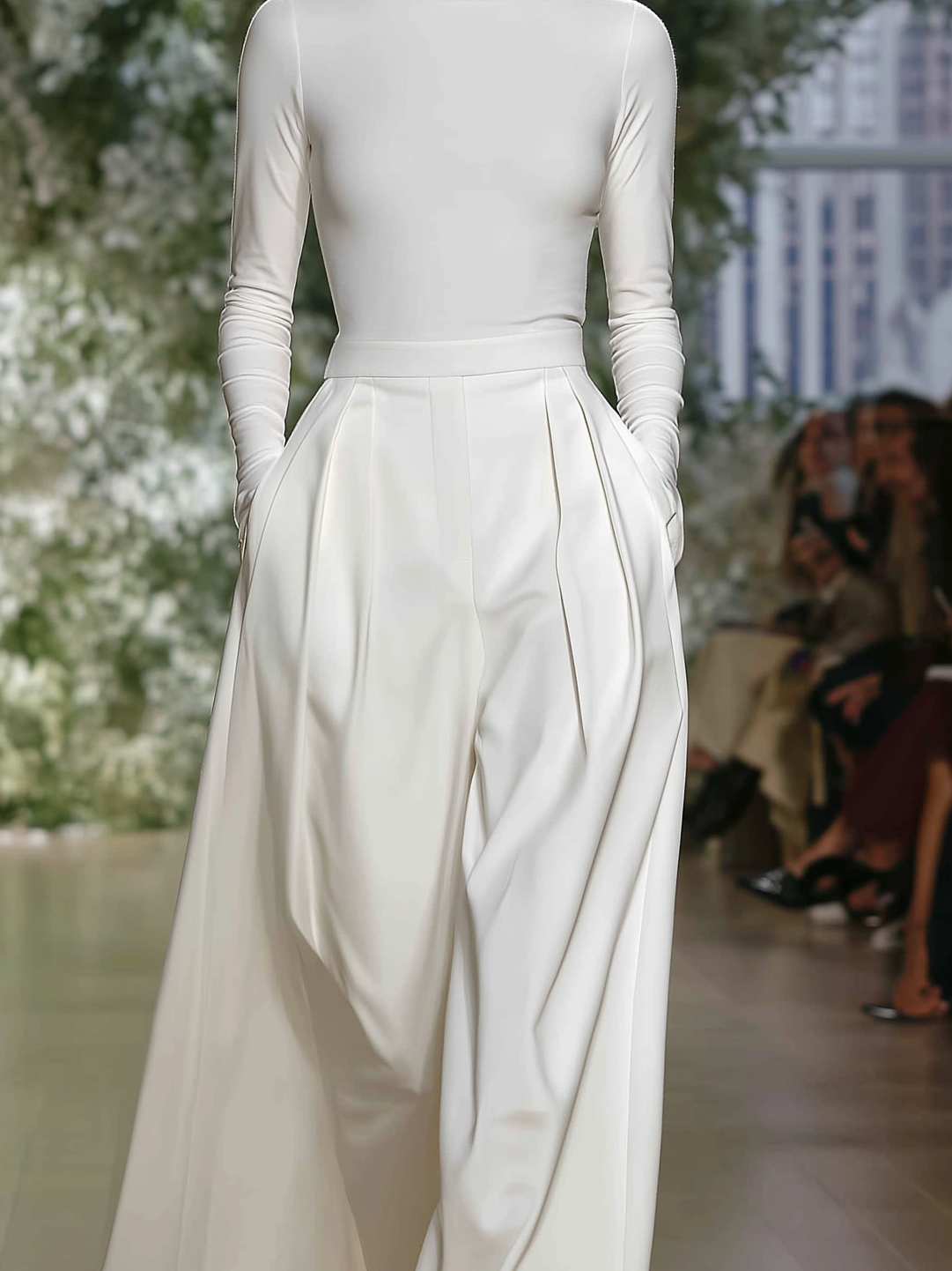 Women's Elegant White Knitted Stretch Turtleneck Slim-fit Long-sleeved Top Paired With Woven Wide-leg Trousers Set MDA2319L3AN